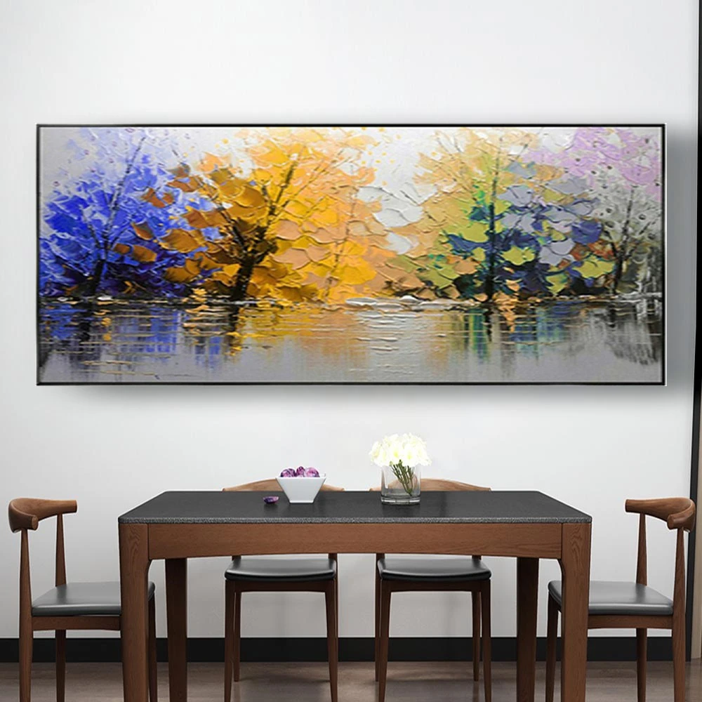 

Large 3d Textured Landscape Oil Painting 4 Seasons Tree Canvas Poster 100% Handmade Mural Modern Sofa Back Wall Decor Art Room