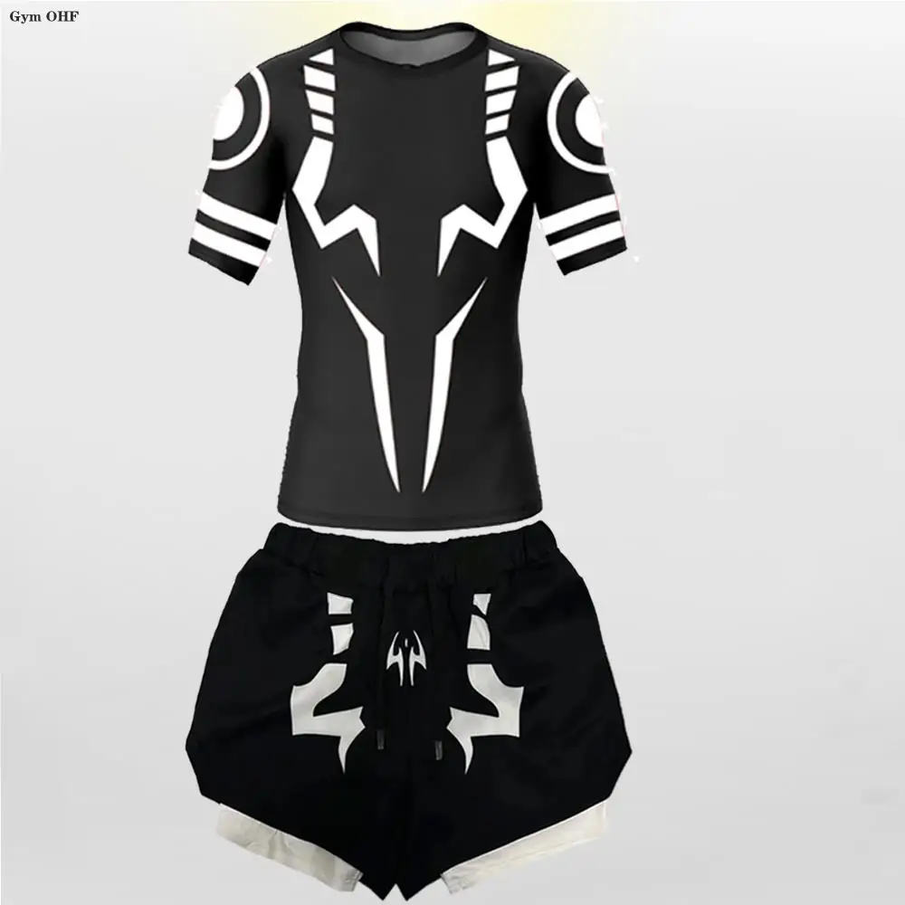 Jujutsu Kaisen Anime 압축 T 셔츠 정장 남성용 2 In 1 반바지 스포츠 러닝 조깅 체육관 Tracksuit 남성 의류 Rashgard MMA