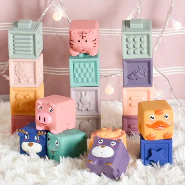 6/12Pcs Silicone Building Blocks Sensory Grasp Toys 3D Soft Touch Ball Rubber Stacking Cube Kids Bath Baby Toy 12 Months Gifts 3