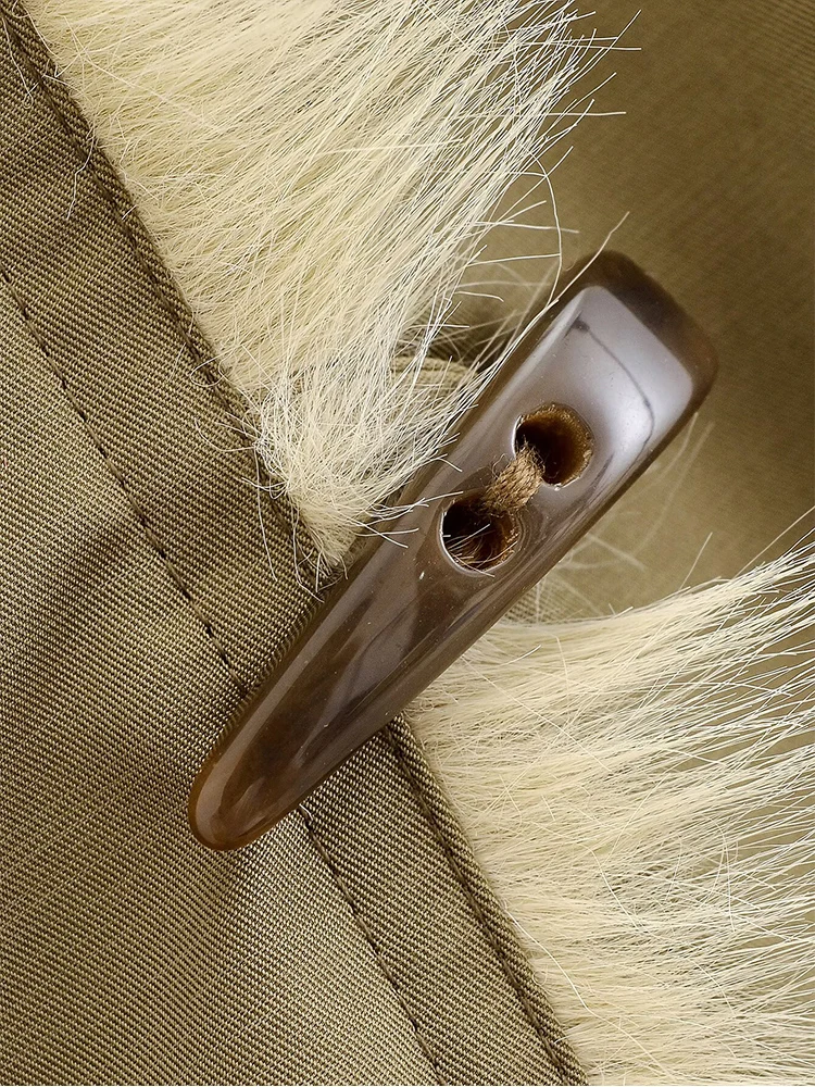 Women Minimalist Horn Button Cotton Coat Fashionable Solid Fur Collar Winter Thick Warm Jacket Trendy Ladies Cotton Jacket