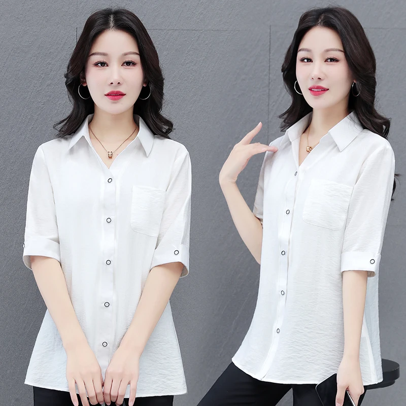 New Fashionable And Versatile Pure Color Comfortable 5-Point Sleeve Top Women'S Spring And Summer Collar Casual Slimming Shirt