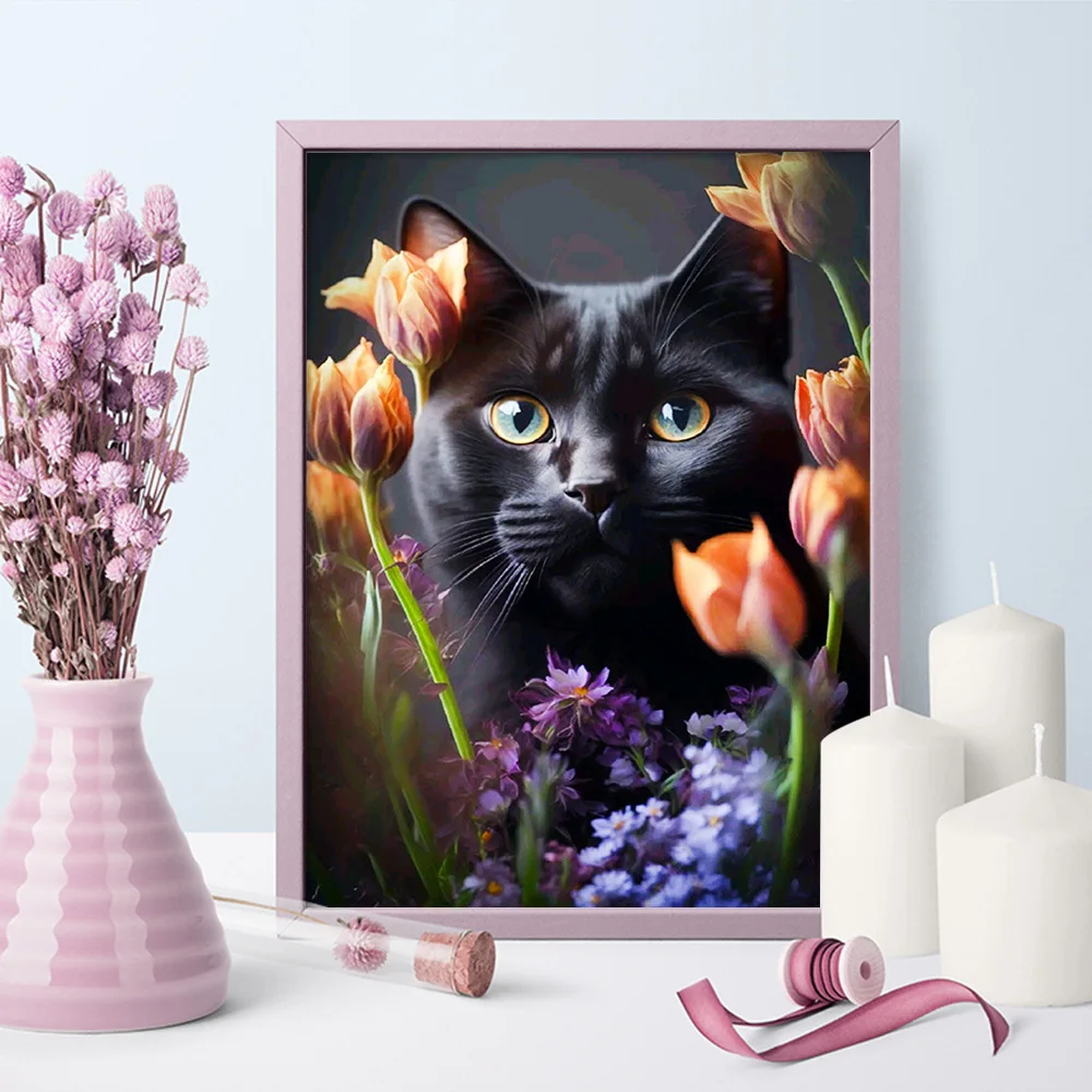 Huacan Diamond Painting Kits Cat Flower Full Square Round Mosaic