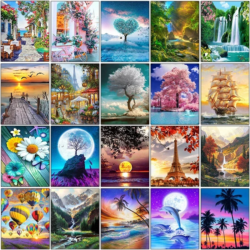 5D DIY Diamond Painting Moon Tree Cross Stitch Kit AB Round Diamond Landscape Embroidery Sailboat Mosaic
