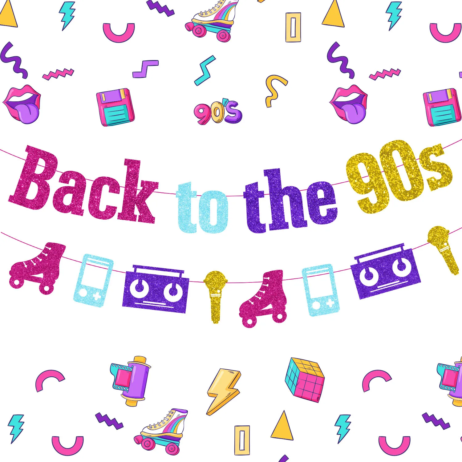

Back To The 90s Theme Banner Retro Disco Radio Skates Glitter Garland 90s Party Decoration for 1990s Throwback Hip Hop Party