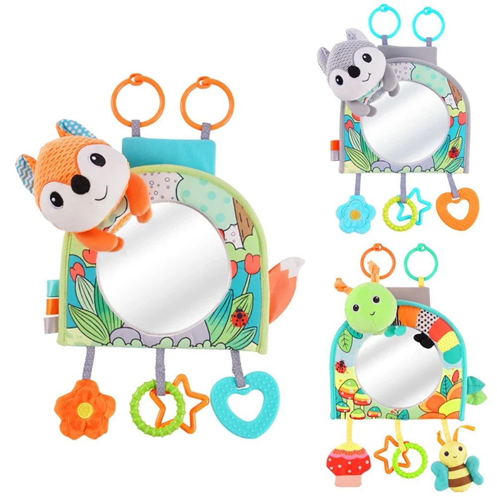 Baby Mirror Car Seat Toys Rear Facing Mirrors Teether Fun Travel Toy Silicone Teething Cute Plush Animal Stroller Toy Baby Gifts