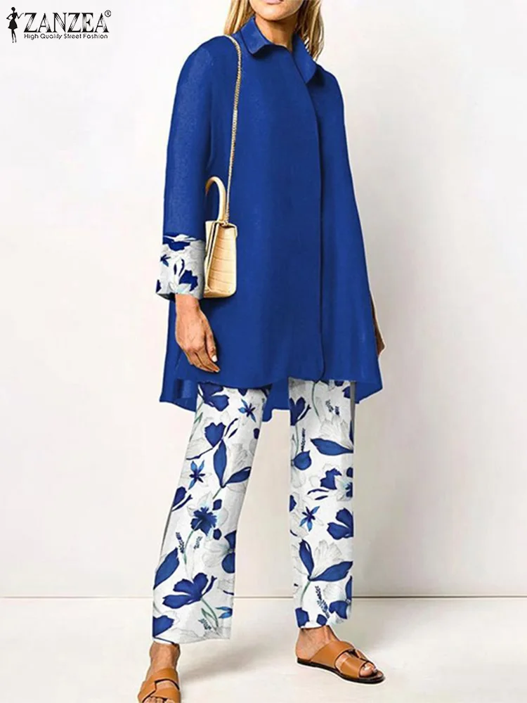 

Костюм спортивный ZANZEA Женский Повседневный, модная рубашка с отложным воротником и длинным рукавом 3/4, брюки и топ, одежда для отпуска из 2 предметов