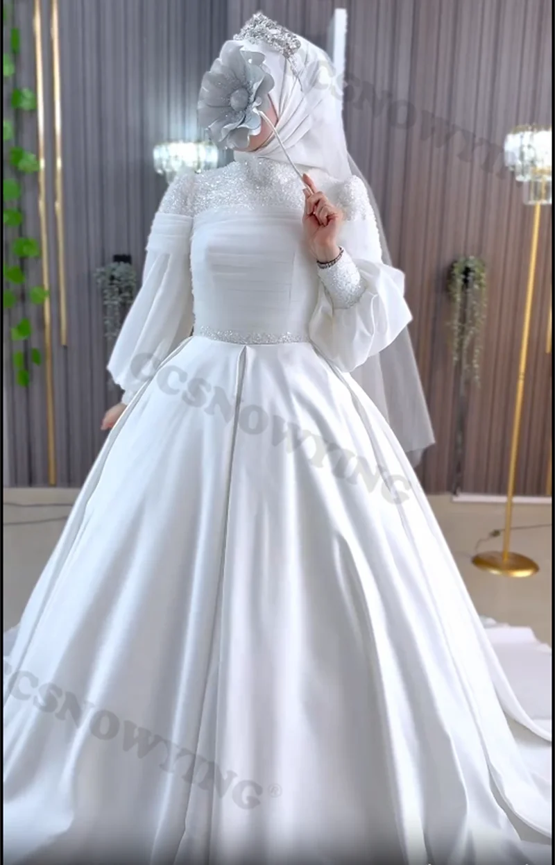 

Satin Sequin Beaded Muslim Wedding Dress for Bride Long Sleeve Islamic Bridal Ball Gowns Women Arabic Dubai Vestidos De Novia