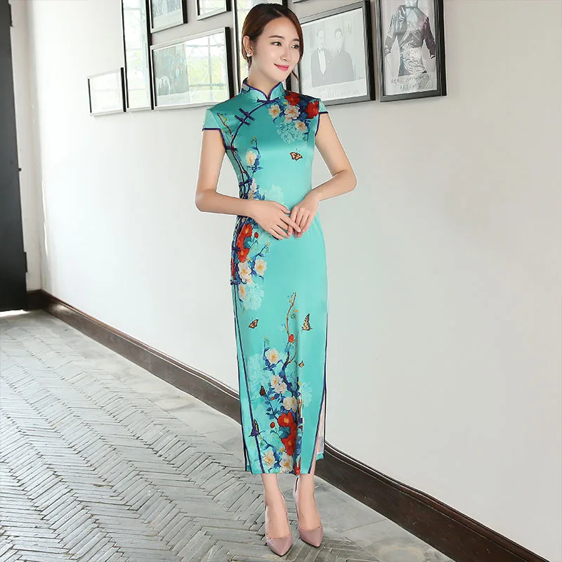 

FZSLCYIYI Vintage Chinese Style Print Flower Qipao Long Handmade-Button Cheongsam Women's Mandarin Collar Traditional Dress