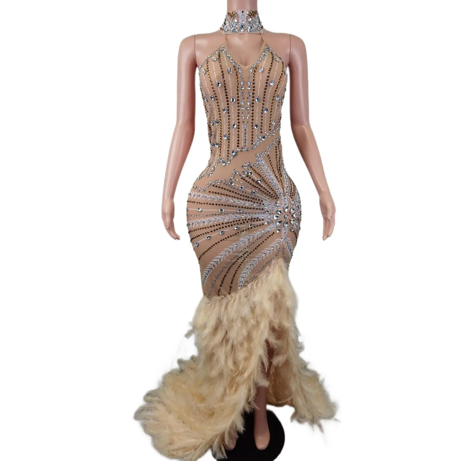 

Женское коктейльное платье с блестящими кристаллами, Черное длинное платье с перьями