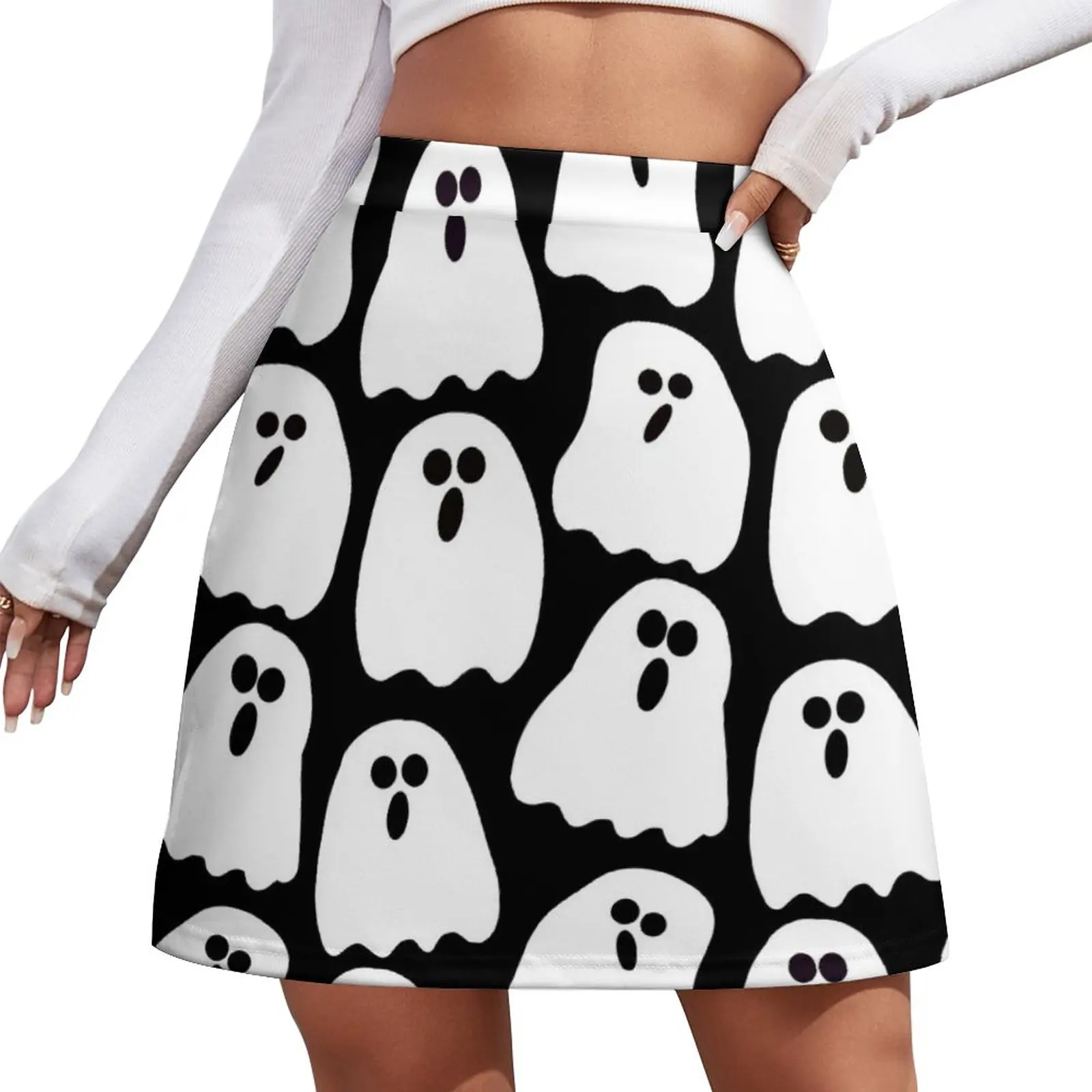 Halloween Black and White Ghosts Pattern Mini Skirt Clothing female skirt set fashion all the beloved ghosts