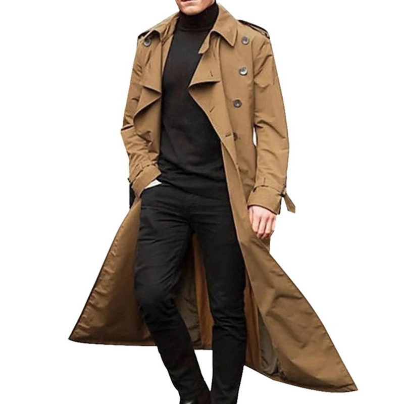 Men Overcoat Vintage Long Trench Coat Men Double Breasted Jacket Coats Mens Business Black Long Solid Windbreak Coat Outwear