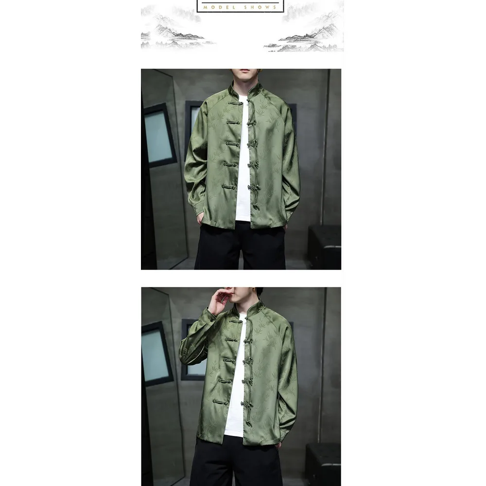 Black Hole Scenery Spring/Summer New Product Chinese Style Bamboo Leaf Silk Jacquard Long sleeved Shirt Button Standing_vogarts.com