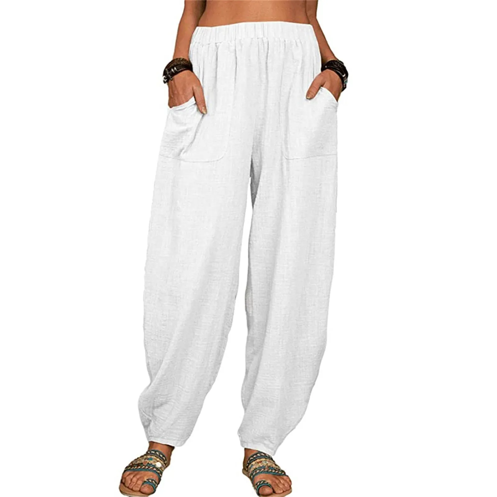 

Lucyever Vintage Boho Cotton Linen Pants for Women Summer Pockets Thin Beach Trousers Woman Casual High Waist Loose Harem Pants