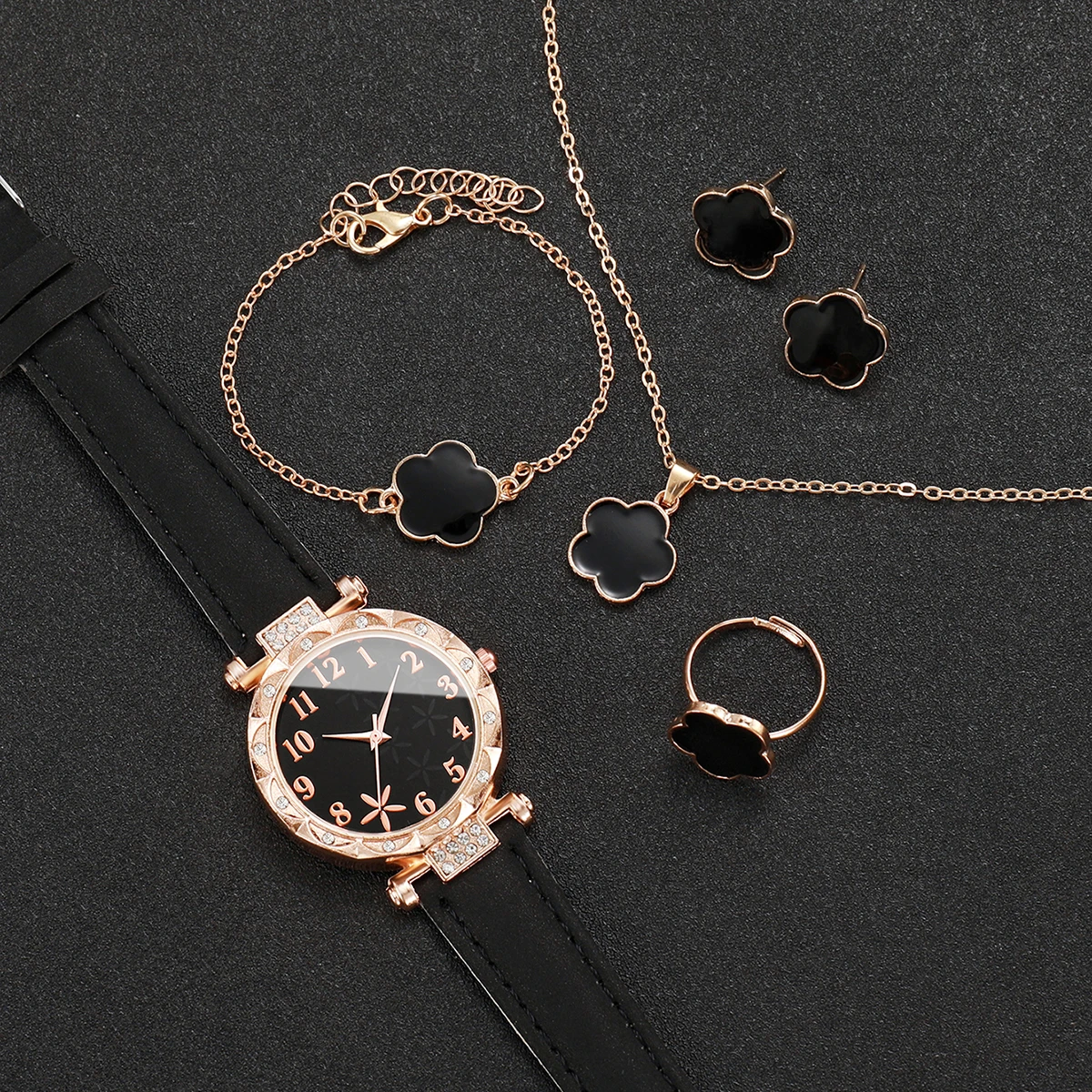 6PCS/Set Women's Sweet Wind Watch Set Fashion Flower Series Leather Quartz Watch Bracelet Set