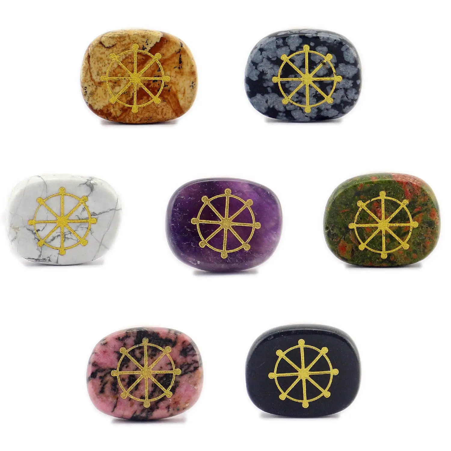 VGDS Natural Crystal Oriental Buddhist Wheel Symbol Pattern Oval Agate Gem Healing Stone Office Home Decoration Crafts