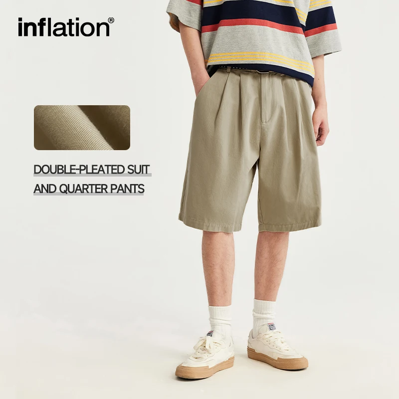 INFLATION 남성용 크롭 플리츠 세트 반바지, 트렌디 캐주얼 반바지, 여름