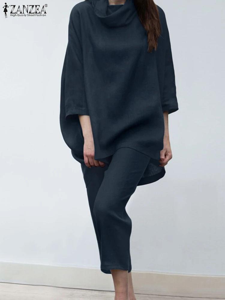 

Костюм спортивный ZANZEA женский с высоким воротником, блузка с рукавом 3/4, брюки-султанки, повседневный однотонный костюм в винтажном стиле, осень