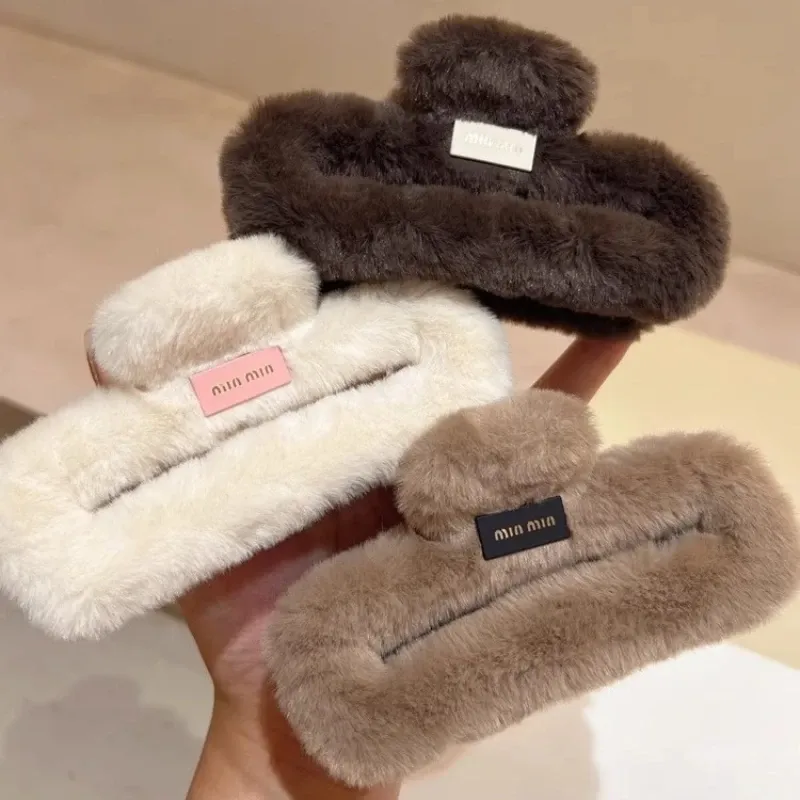 Autumn and winter trend imitation rabbit fur grab clip large square Maillard head shark clip multi-volume hair accessories