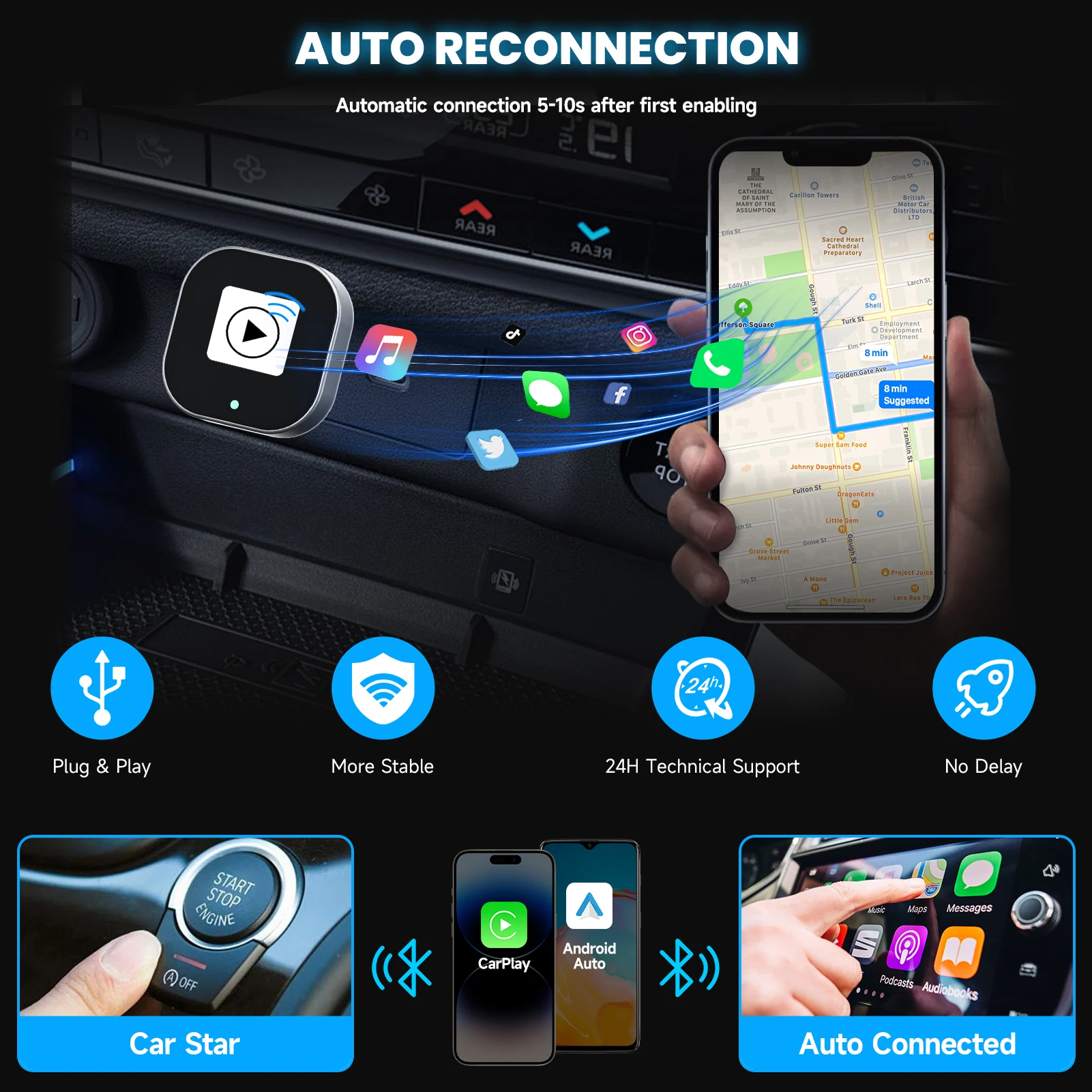 Wireless CarPlay Adapter for Wired Cars Compatible with Android Auto