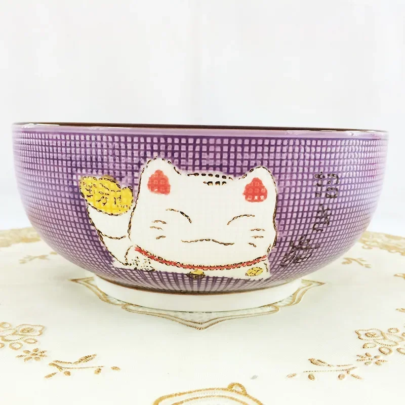 thumbnail image 1 of Cuenco de cerámica redondo para el hogar, cuenco japonés de varios tamaños con forma de gato de la suerte, tazón para ensalada, sopa y fideos, vajilla para restaurante, 1 of 5