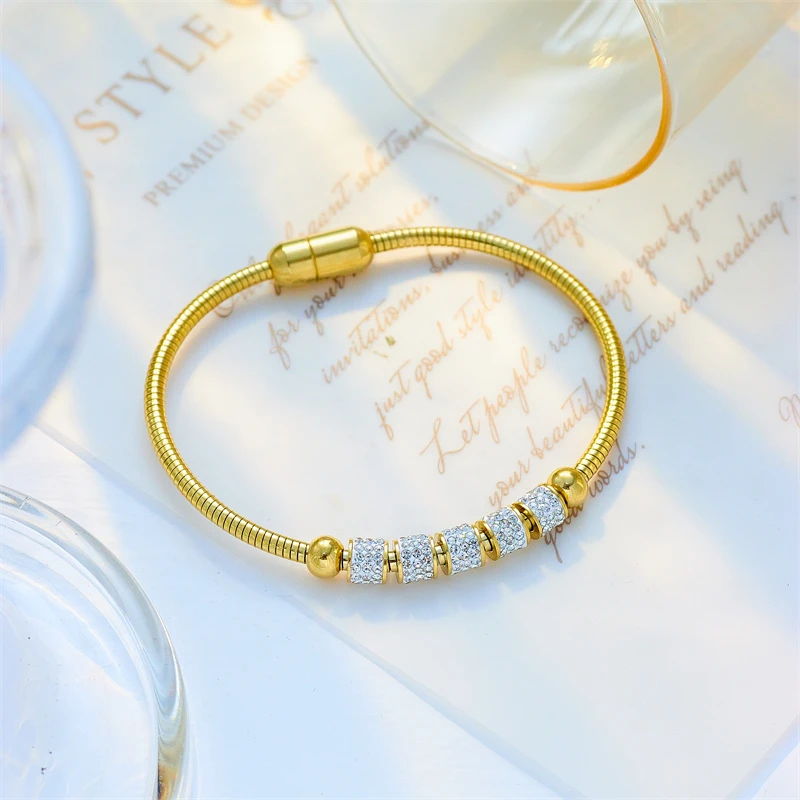 Stainless Steel Gold Color Rhinestone Beaded Bracelet For Women Fashion Ladies Magnet Clasp Bangles - Image 3