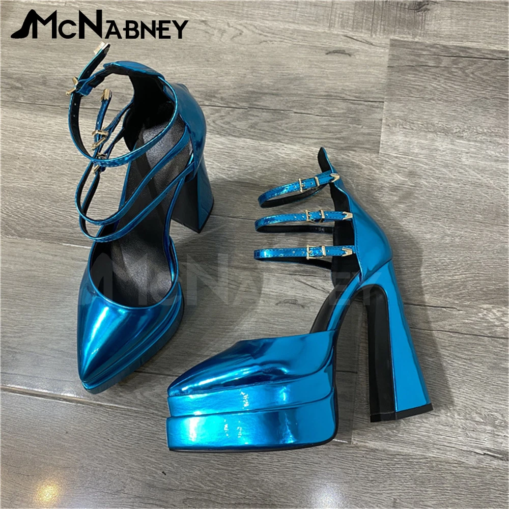 Platform Pointed Toe Shoes Multi-Color Multiple Buckle High Heels Chunky  Heel Illusion Leather Shoes for Women Designer Style - AliExpress