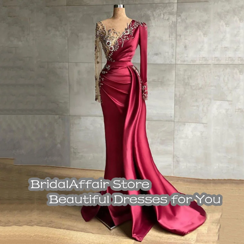 BridalAffair Burgundy Evening Dress for Party Satin Beaded Pearls Long Sleeves Pleats Mermaid Prom Gowns Celebrity women prom dresses