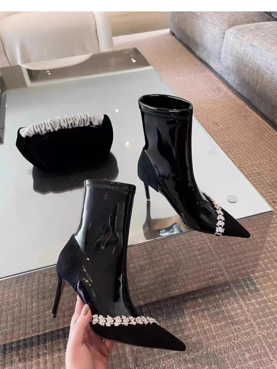 

Rhinestone Chain Patent Leather High Heel Boots Pointed Toe Slimming Elastic Short Botines Women Stiletto Mid-Calf Ankle Botas