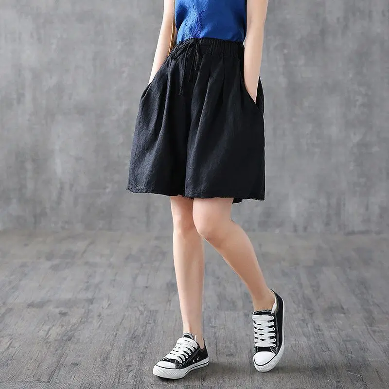 Retro 2024 Summer Women's New Spliced Elasticized High-waisted Drawstring Pocket Fashion Loose All-match Casual Wide Leg Shorts