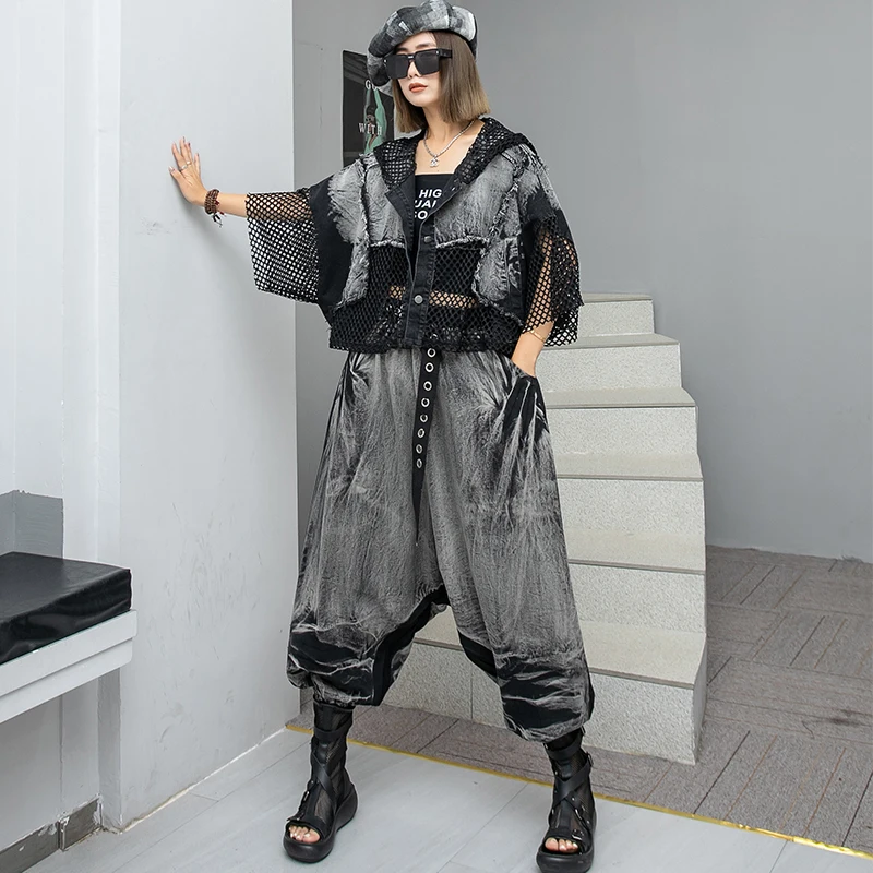 

Mesh Grid Patchwork Hooded Top And Trousers Two Pieces Sets Women Summer Fashion New Street Elastic Waist Harlan Pants