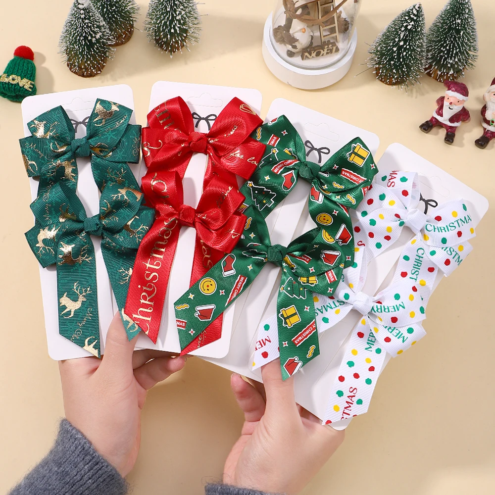 2Pcs Christmas New Year Party Decor Hair Bows for Girl Kids Christmas Decorations Supplies Baby Hair Accessories Gifts Wholesale