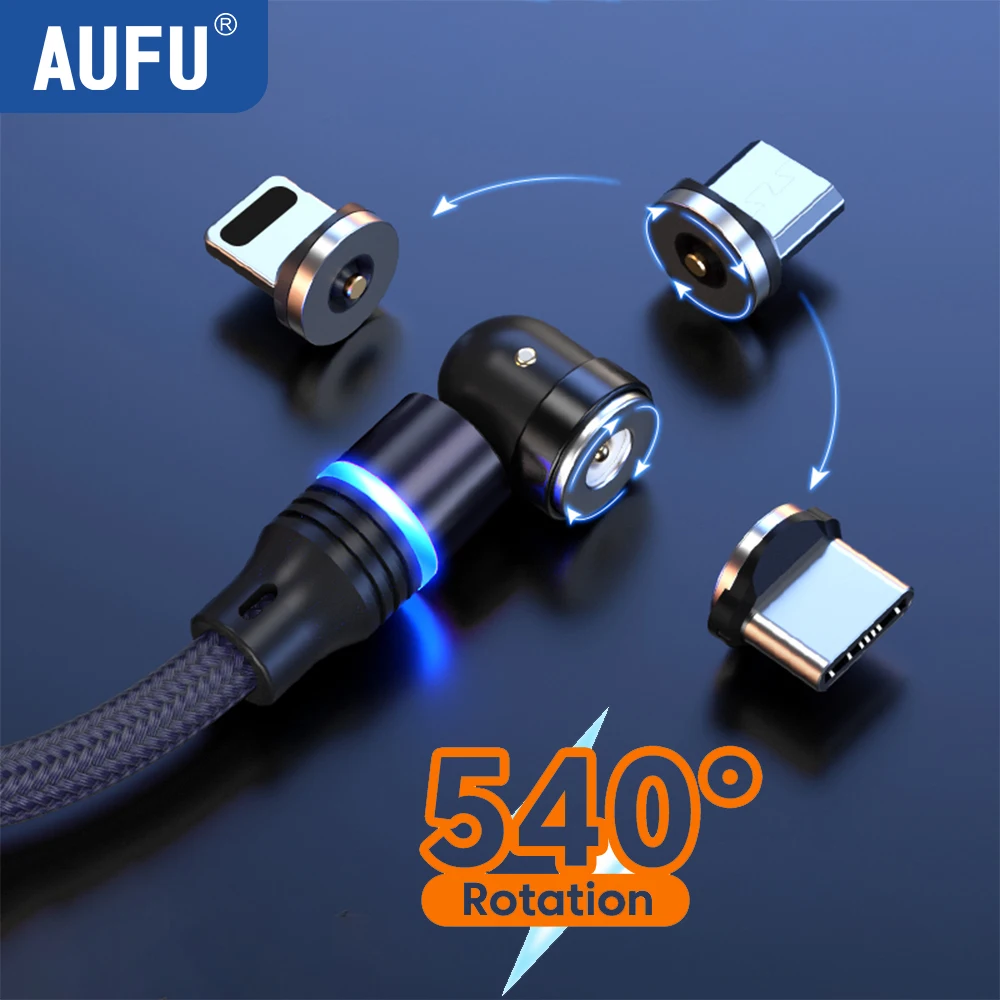 AUFU Magnetic USB Cable For iPhone Xiaomi Samsung Type C Cable LED USB Charging Data Charge 540 Rotate Micro USB Cable Cord Wire