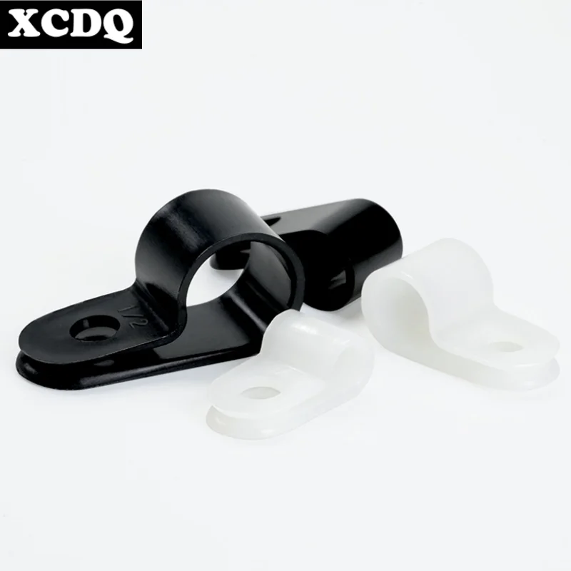 Cable Clips 100pcs White R Shape Screw Fixing Nylon PA66 Plastic Desk Office Electric Wire Holder Fastener Management