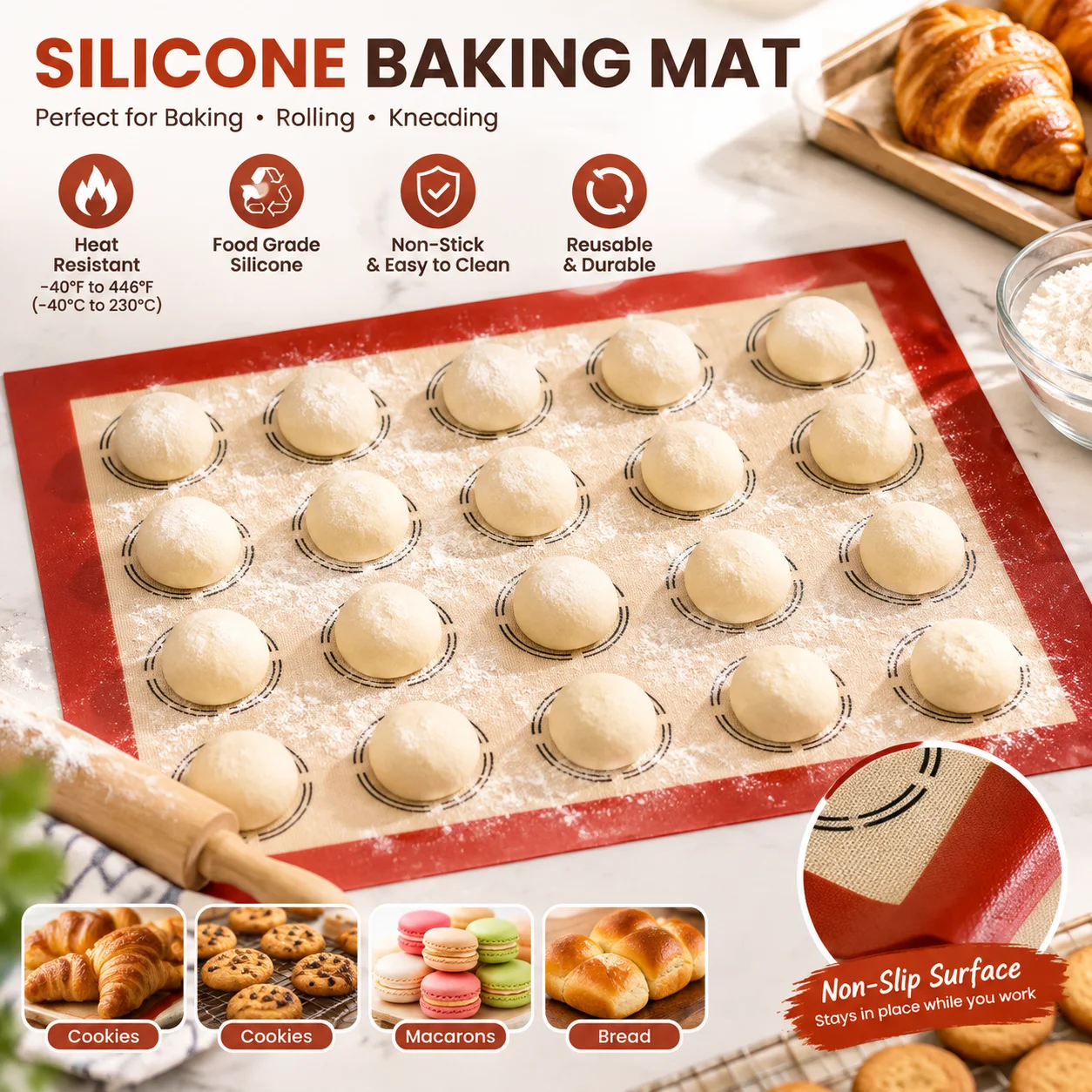 Premium Reusable Non-Stick Silicone Baking & Kneading Mat
