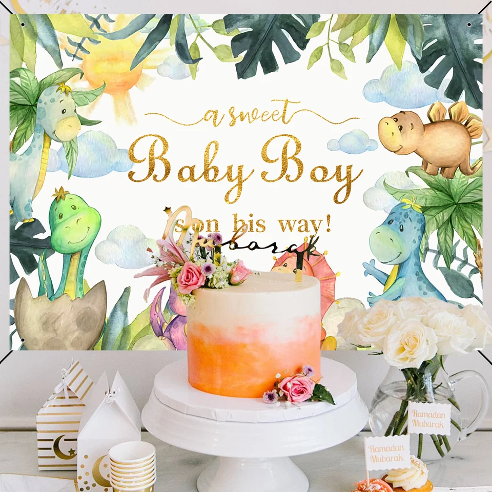 Dinosaur Oh Baby Backdrop 7x5ft - Green Leaves Gold Dino Theme Baby Shower Party Decoration