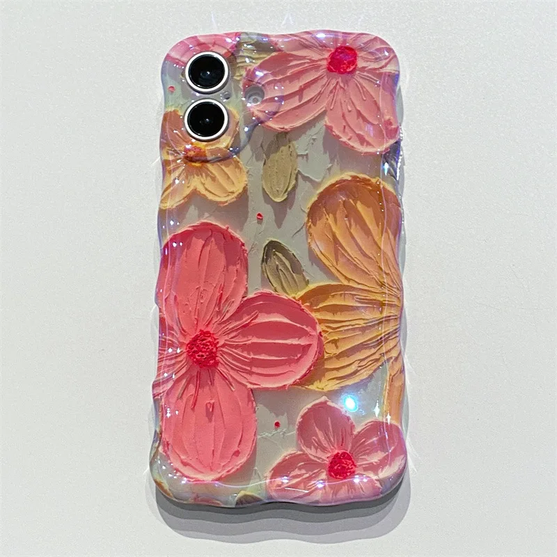 Luxury Blue Light Oil Painting Floral Wavy Phone Case - Shockproof Protective Cover