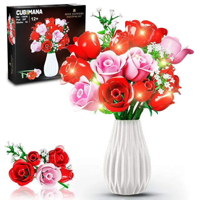 Flowers Bouquet Building Sets with Led-16 Rose Bouquet Botanical Toy Roses Flowers Home Decor Valentine Gifts for Adults Girls 1
