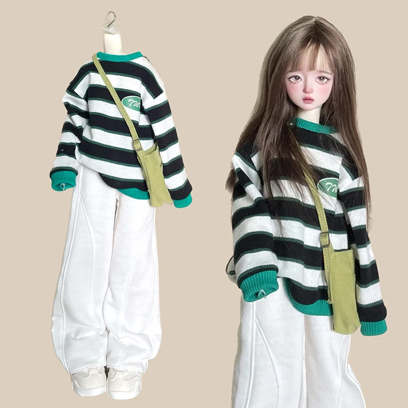 mini 1 6 1 12 dollhouse miniature sports balls soccer football and basketball decor doll accessories New (1/4 BJD Doll Clothes) Striped Sweater Round Neck Hoodie White Sports Wide Leg Pants Crossbody Bag for 1/4 SD MSD Dolls