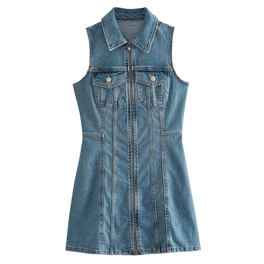 

Jenny&Dave Ins Blogger Distressed Denim Blue Mini Dress Women Fashion Slim Zipper Tank Dress Ladies