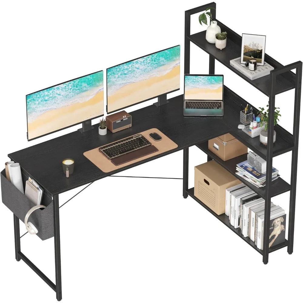 55 Inch Computer Desk with Storage Shelves, L Shaped Desk with Storage, Corner Desk with Storage, Home Office Desks, Bookshelf 1