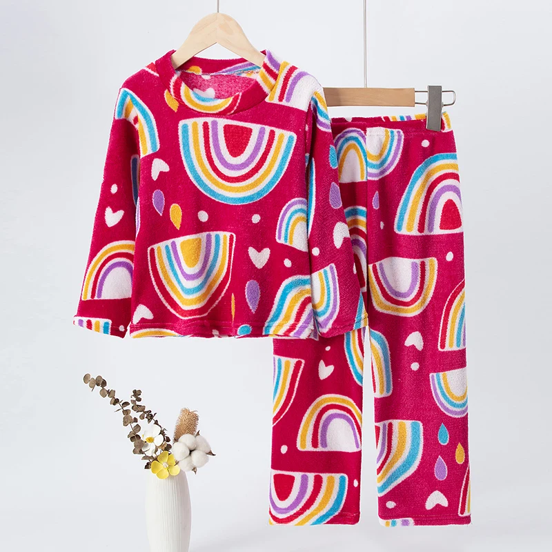 2-piece children's flannel long-sleeved trousers suit for autumn and winter girls' printed pajamas suit at home