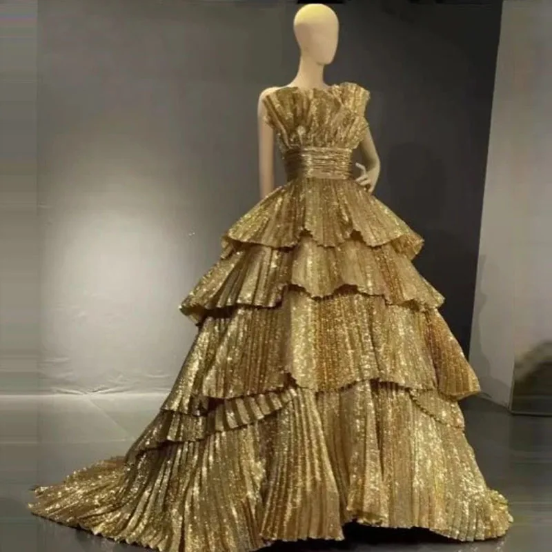 Shiny Gold Evening Dress Dubai Luxury Designer Beaded Trapezoidal Prom ...