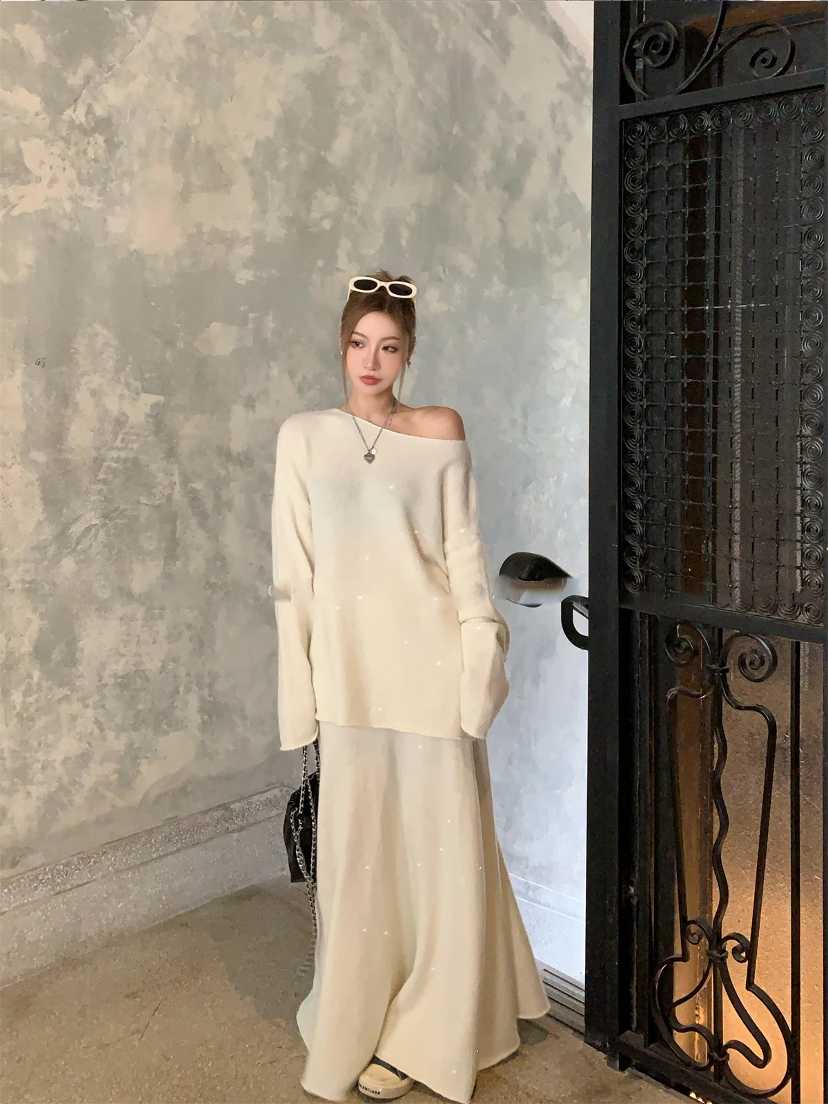 Sexy Soft Elegant Vintage Women Suits 2 Pieces Female Sets Slash Neck Sweater & Midi Dress Bling Knitted TrackSuit