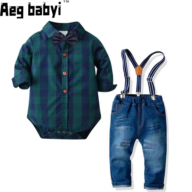 

Baby Boy Gentleman Suit Shirt Romper With Bow Tie + Suspenders Jeans 3Pcs Formal Kids Clothes Set little Boy Handsome Clothing