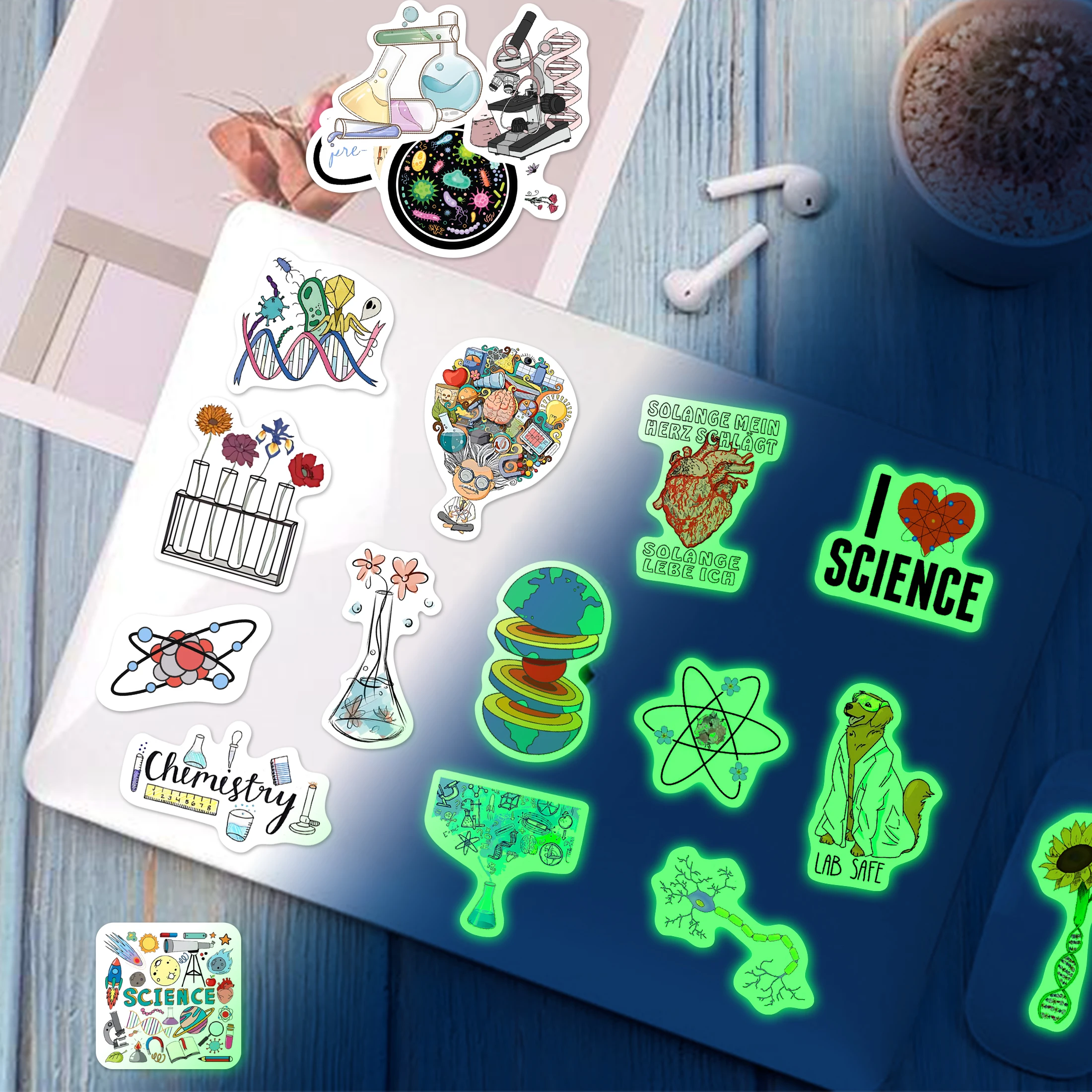 50Pcs Glow Dark Natural Science Sticker Physics Chemistry Biology Experiment Theme Waterproof Vinyl Laptop Book Decal cartoon stickers graffiti stickers