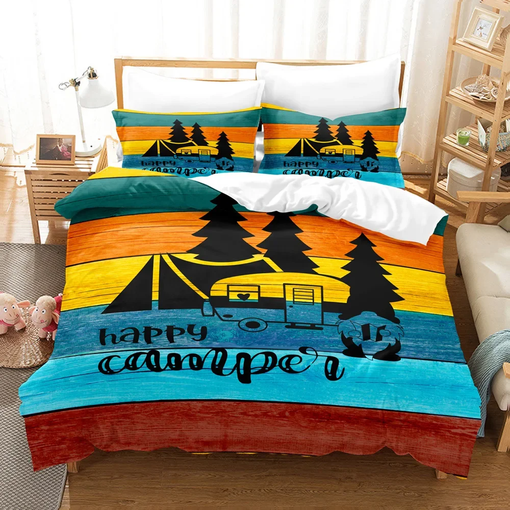 3pcs Happy Camper Pattern Printed Bedding Set, Suitable For Teenagers And Adult's Bedroom, Camping, 1*Duvet Cover+2*Pillowcase