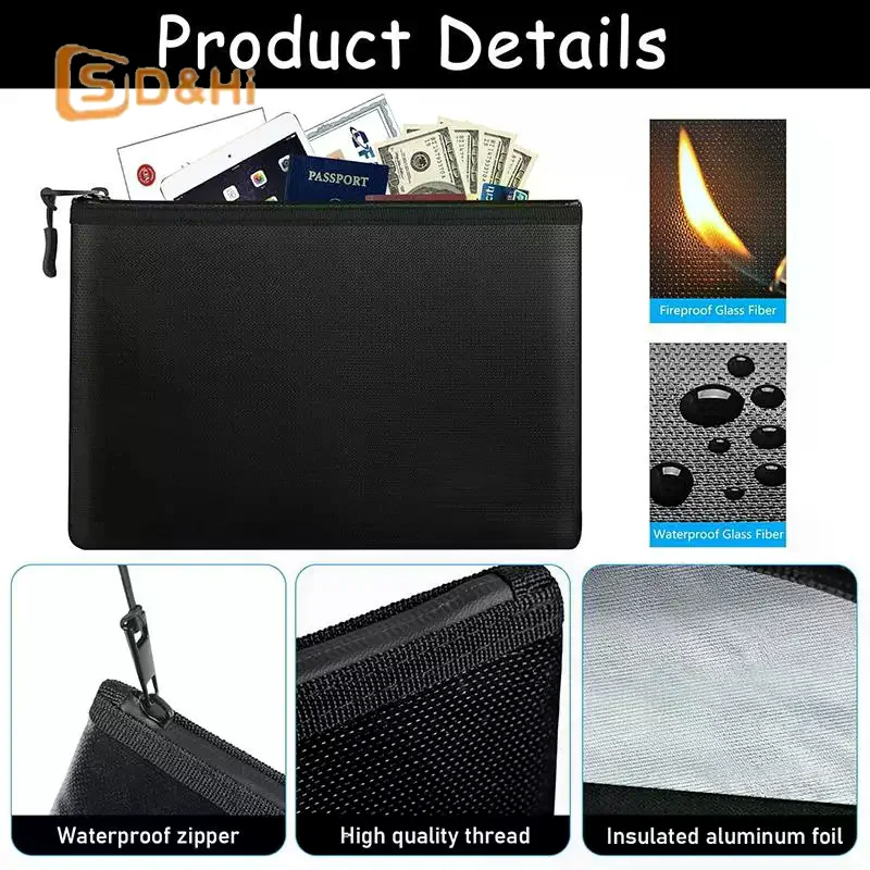 다양한 크기의 방화 및 방수 가방 증명서, 머니 카드용 지퍼가 달린 소형 ID 카드 보관 가방(검정색, 은색) 1PC
