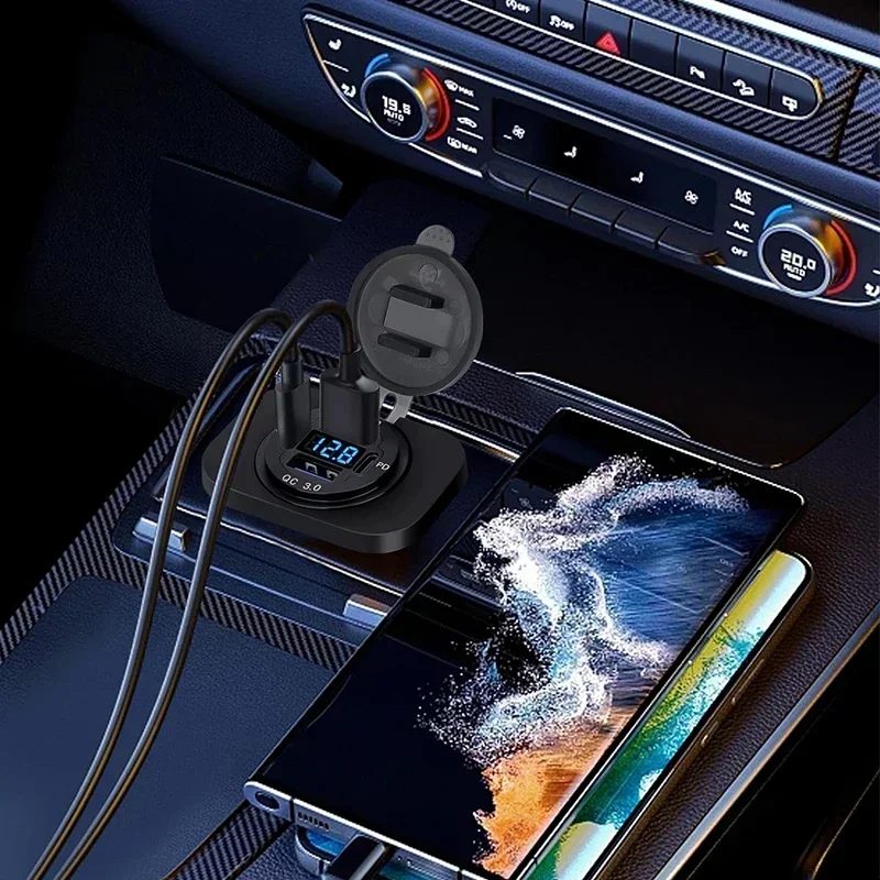 Dual PD Car Charger with Voltmeter for 12V/24V