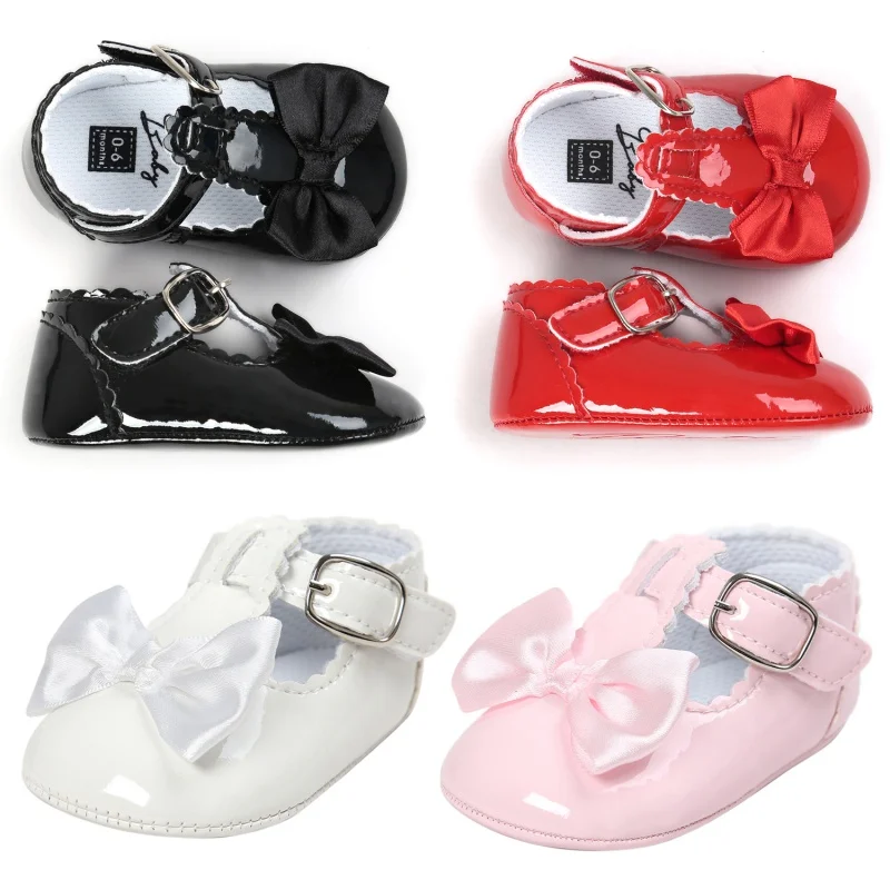 Newborn Baby Girls Shoes PU Leather Bow Buckle First Walkers Soft Soles Non-slip Footwear Crib Shoes 0-18M