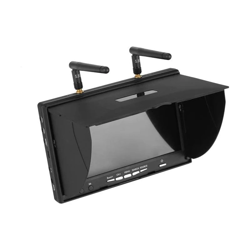 Vue arrière du moniteur FPV 5.8G 7 pouces 40CH avec connectique et batterie